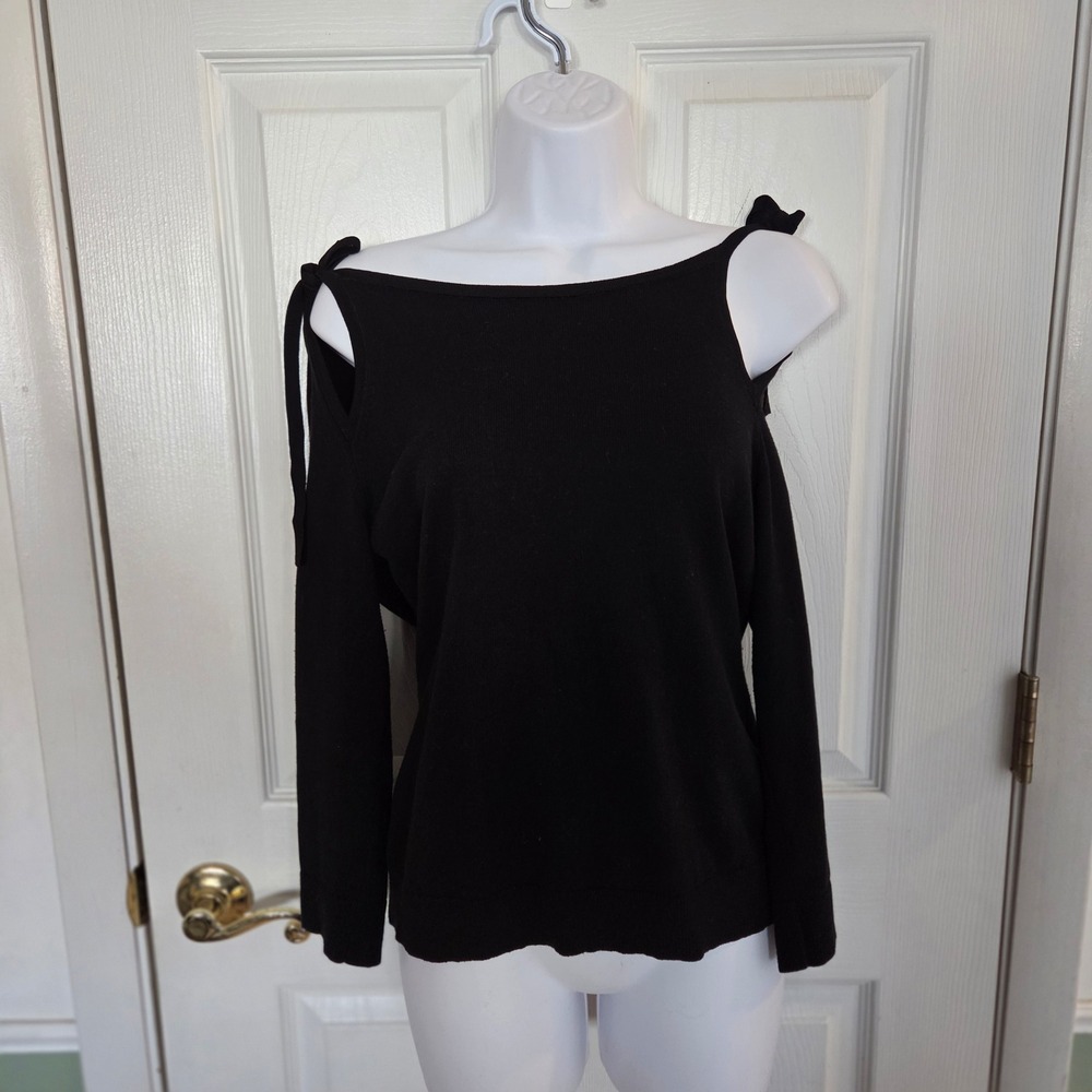 Anthropologie S Black Cold Shoulder Cotton Knit Sweater Top Bohemian Minimalist‎